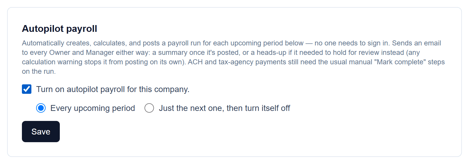 Payroll autopilot: Turn on autopilot