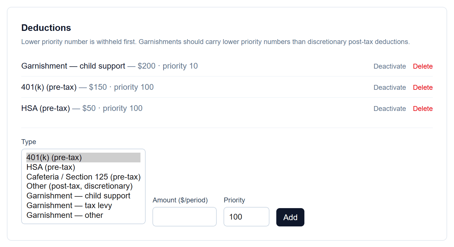 Garnishments: Add the garnishment