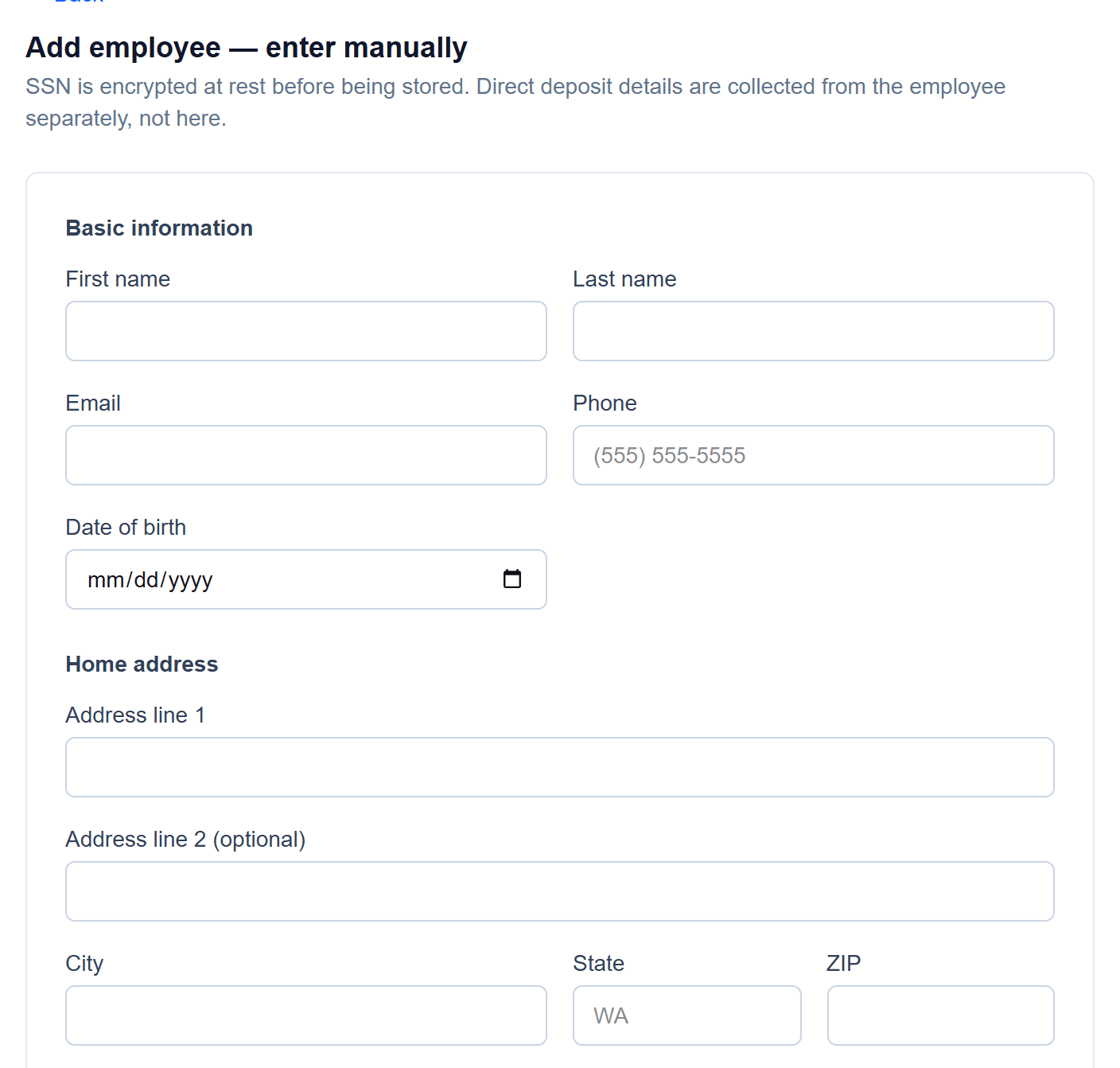 Manual employee entry: Basic information and address