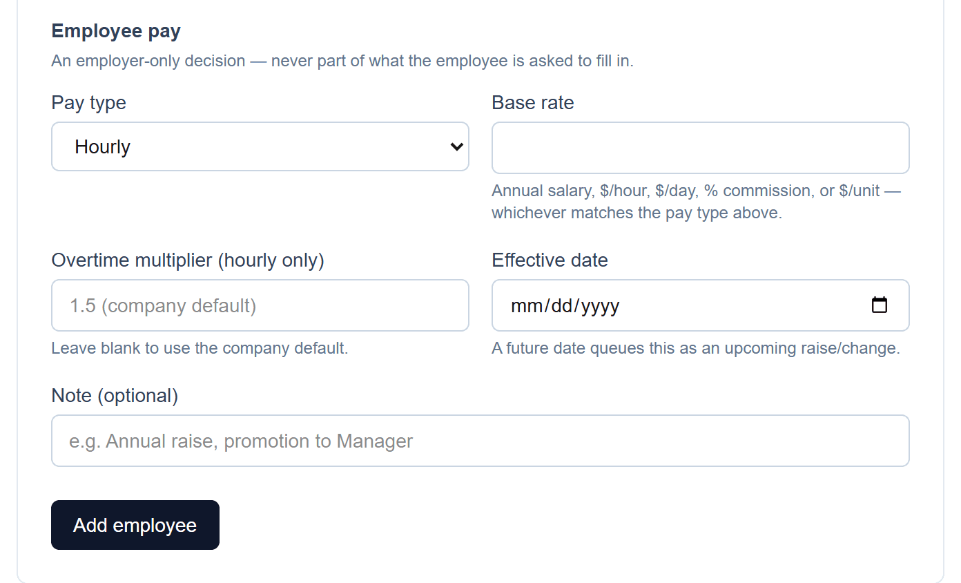 Manual employee entry: Pay, set at hire