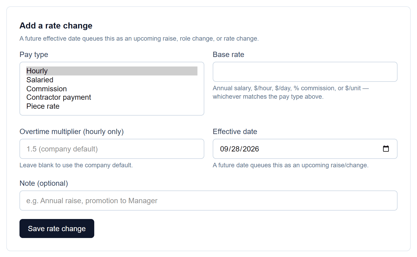 Five pay types: Choose each employee's pay type