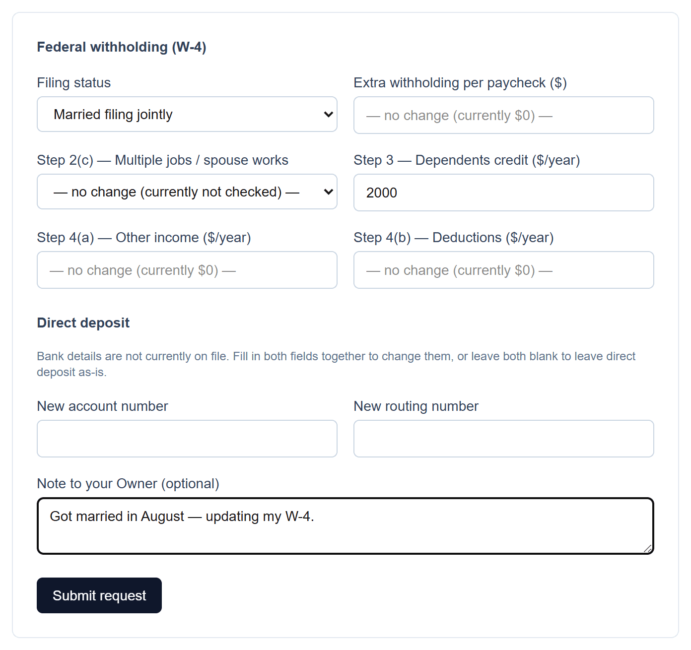 Self-service change requests: The employee submits a change