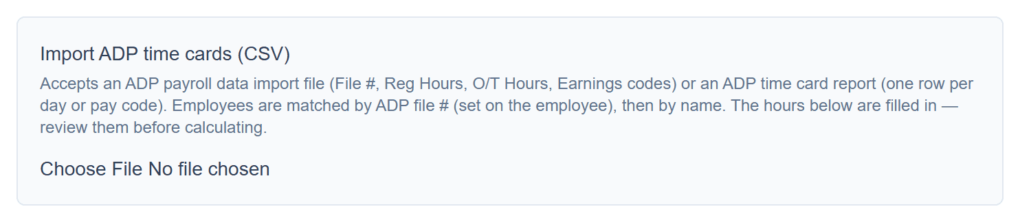 ADP time card import: Upload the CSV when you start a run