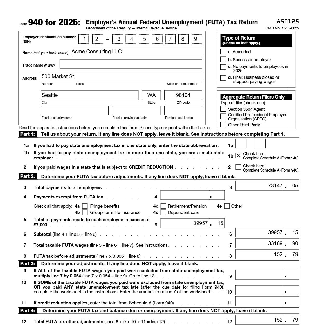 Form 940 (annual FUTA): The official IRS form, filled in