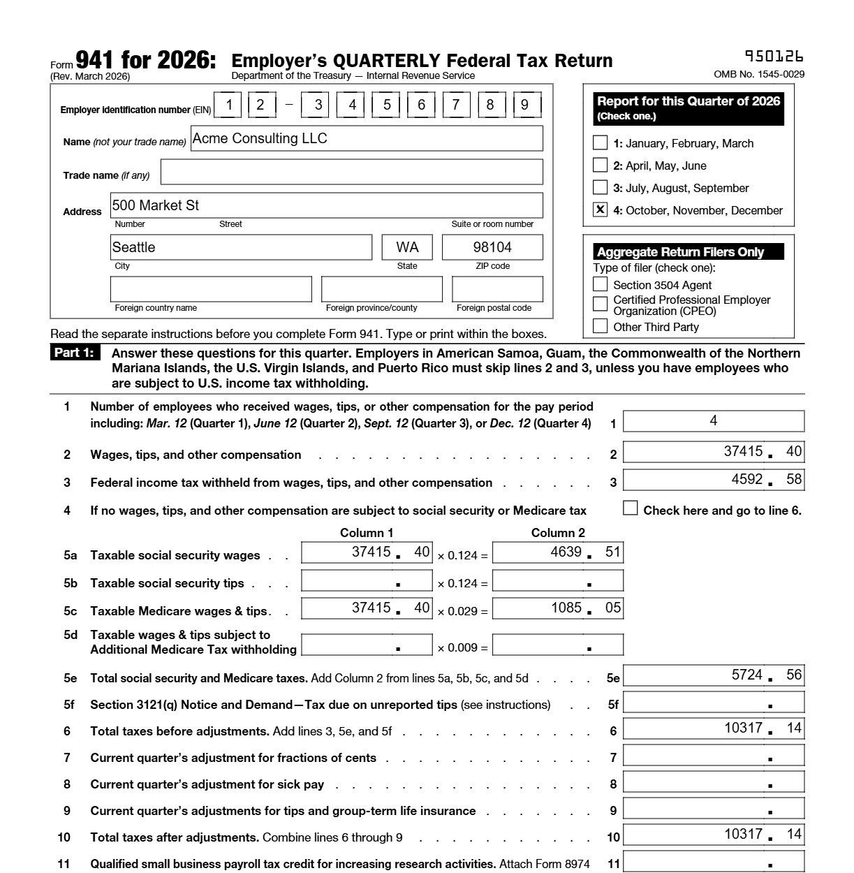 Form 941 (quarterly): The official IRS form, filled in