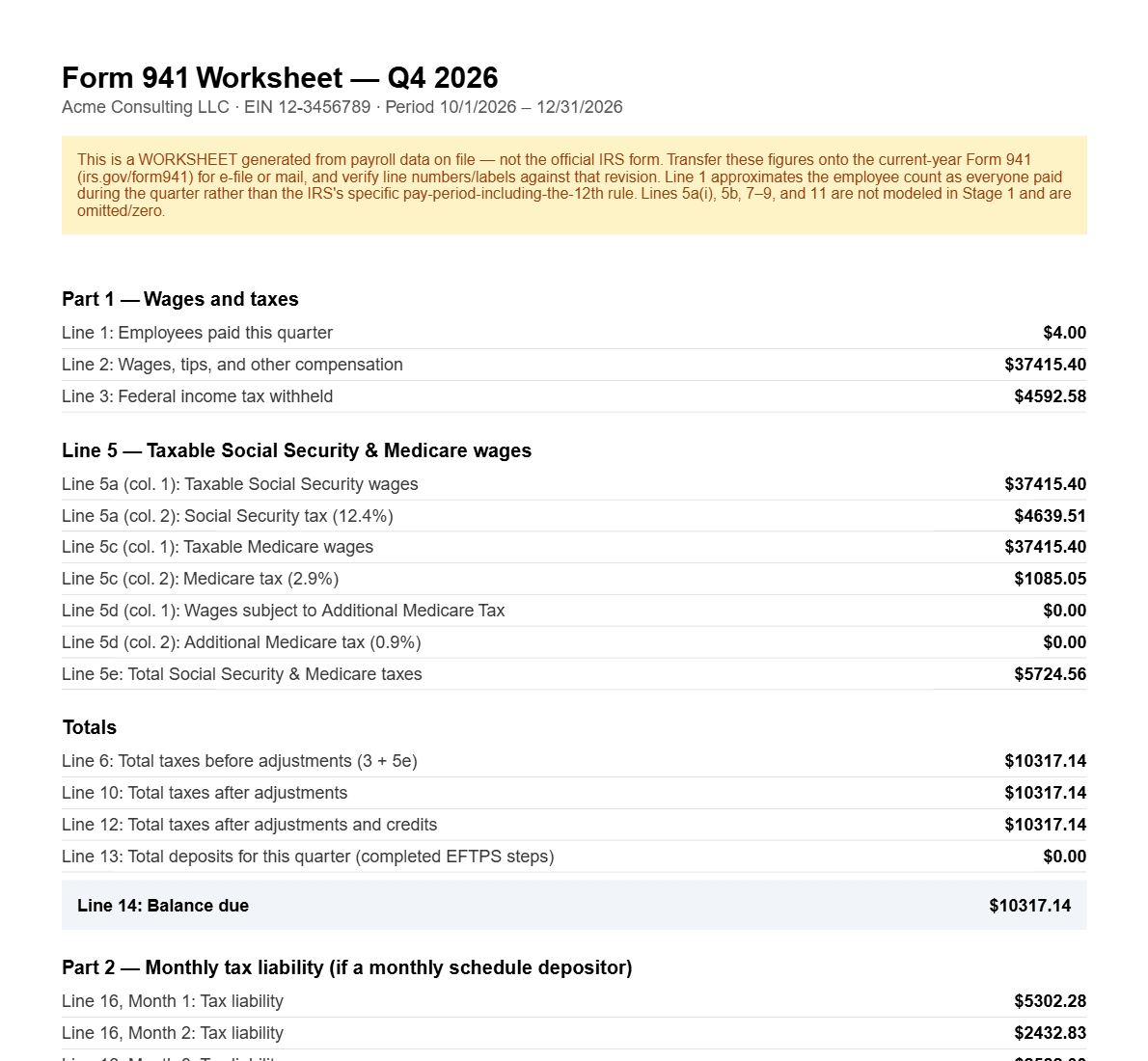 Form 941 (quarterly): A worksheet for every line