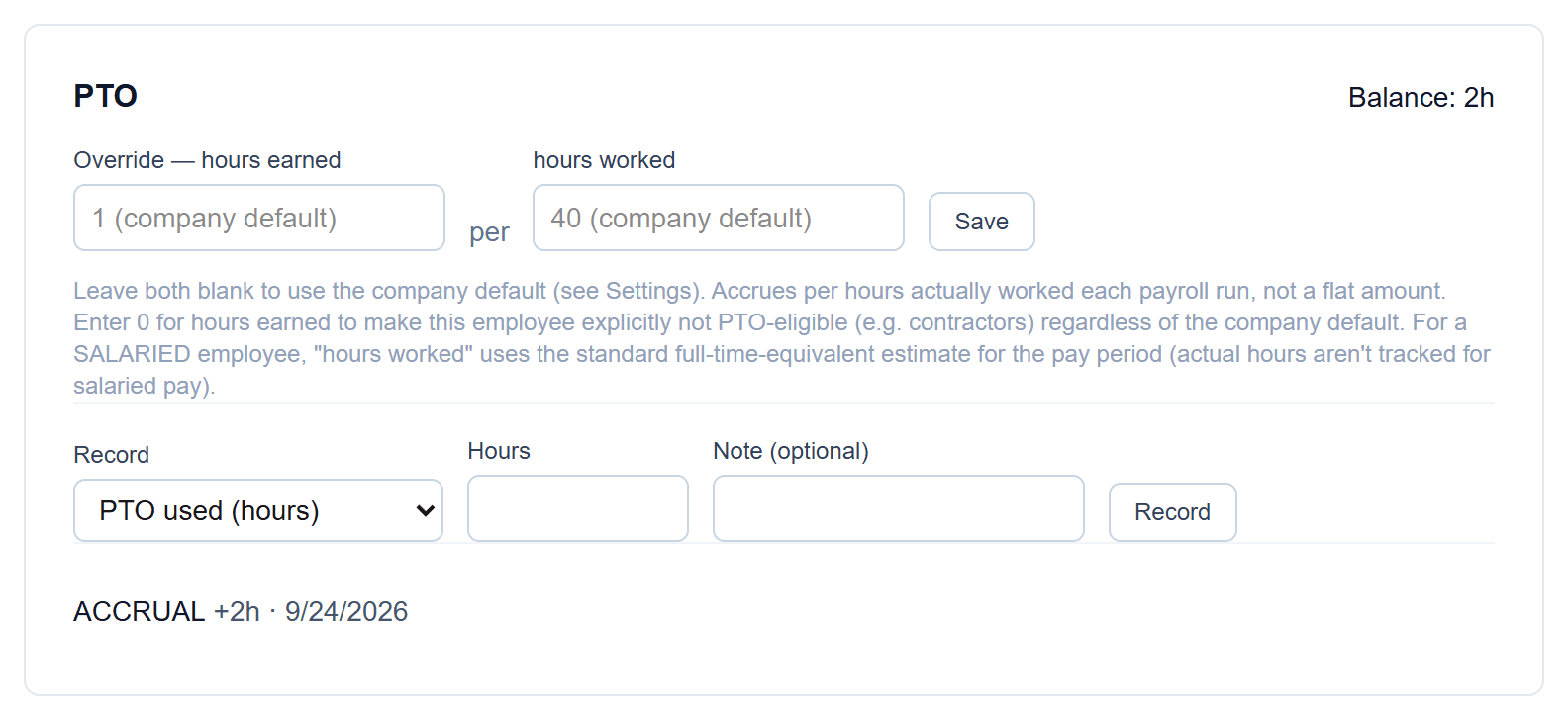 PTO ledger & manual adjustments: Record time off or a correction