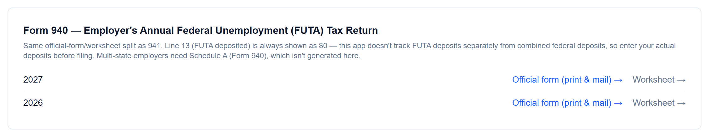 FUTA: Filed on Form 940