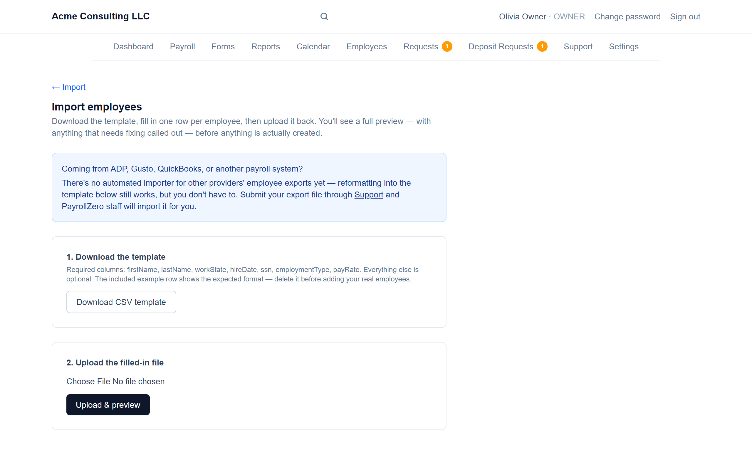 Bulk employee import (CSV): Download, fill in, upload