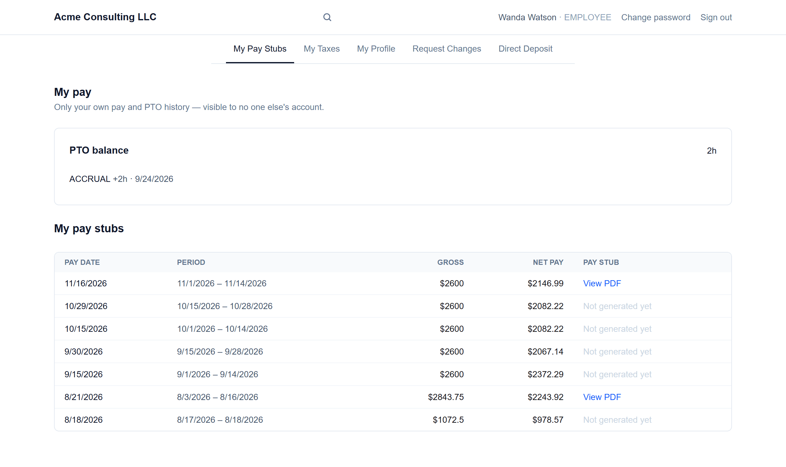 Pay stubs (PDF): Employees download their own