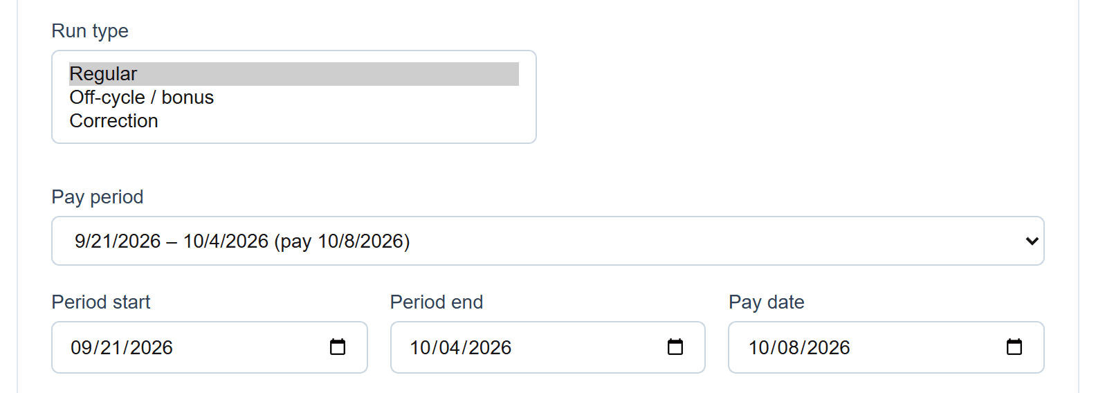 Unlimited payroll runs: Pick the run type and dates