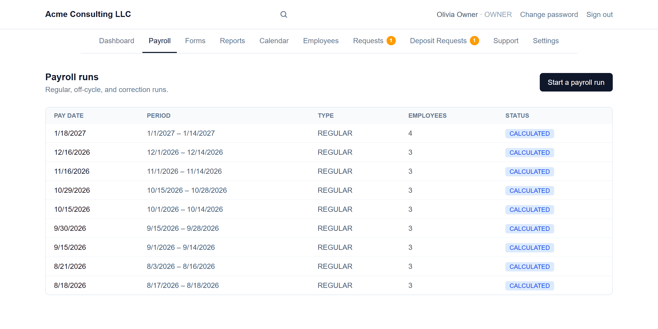 Unlimited payroll runs: Start a run from the Payroll tab