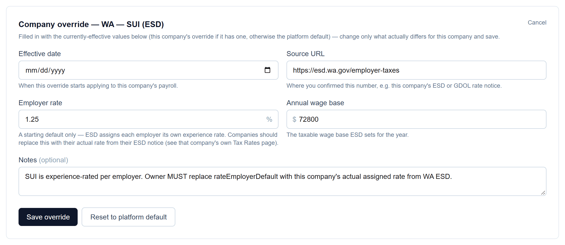 Per-employee and per-company overrides: Override any rate for your company