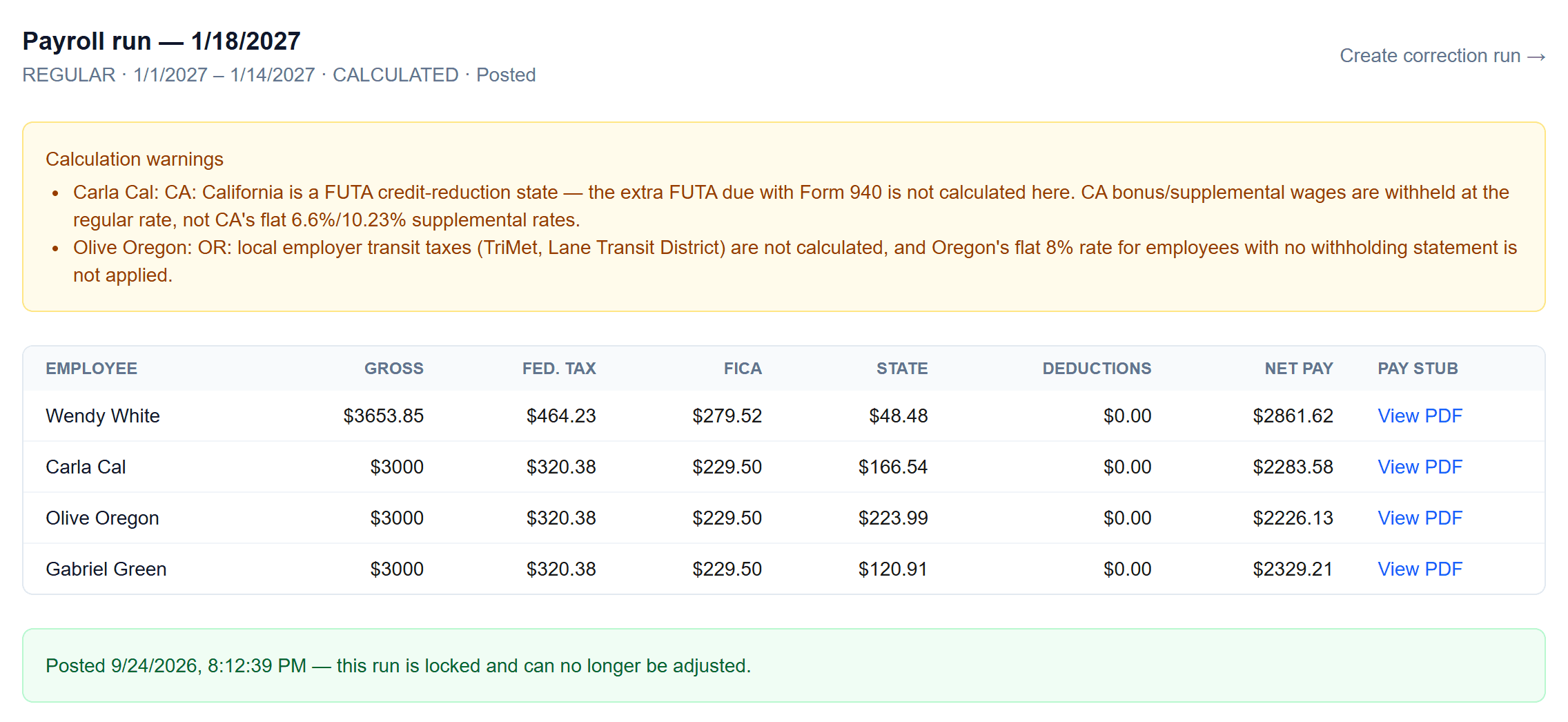 Pay stubs (PDF): One stub per employee, every run